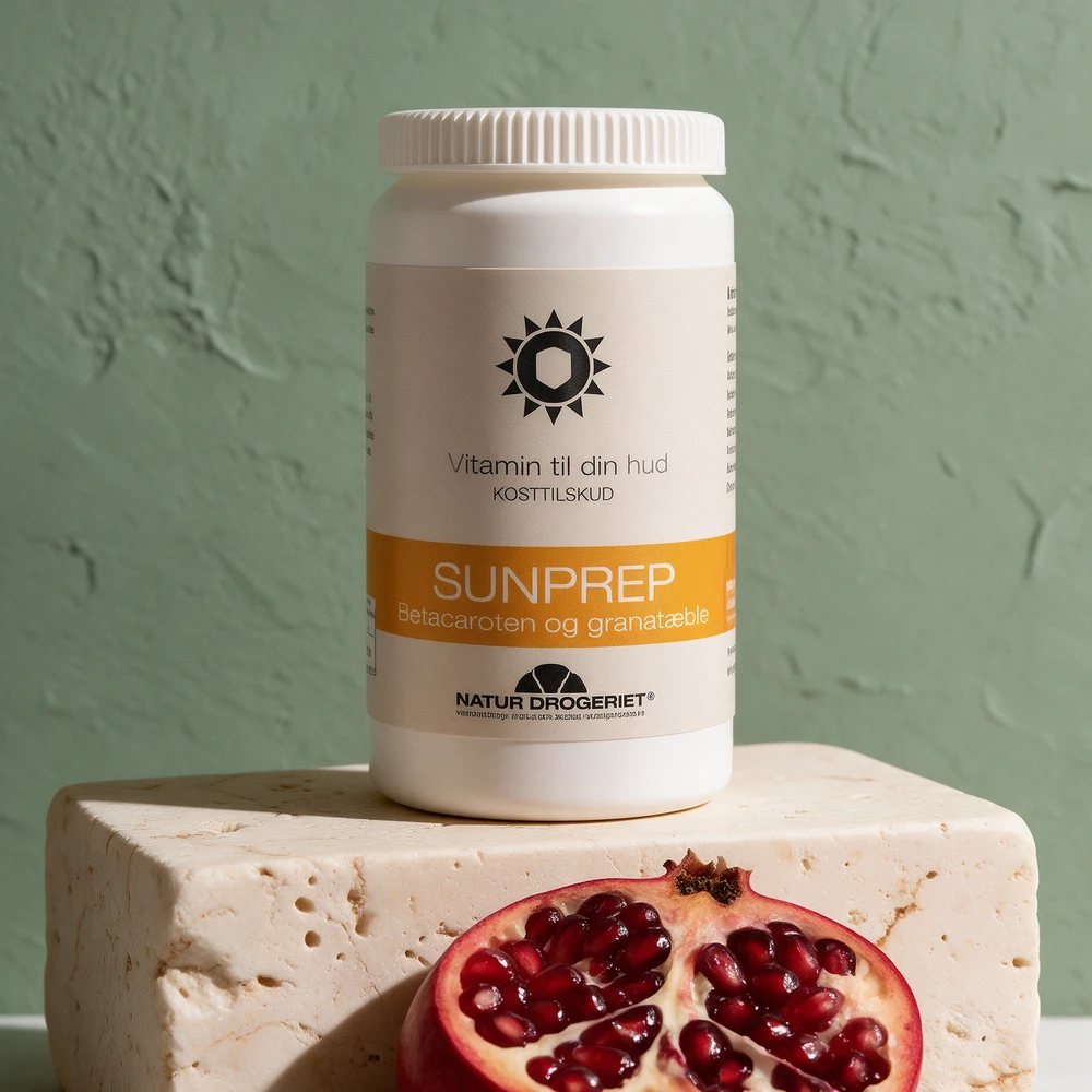 Natur-Drogeriet SunPrep, boks merket «Betacaroten og granatæble»
