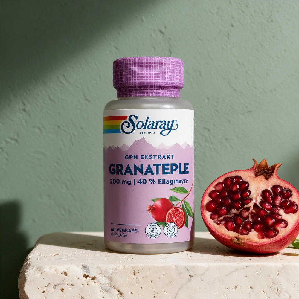 Solaray GPH Granateple, flaske merket «200 mg | 40 % Ellaginsyre» og «60 VEGKAPS»