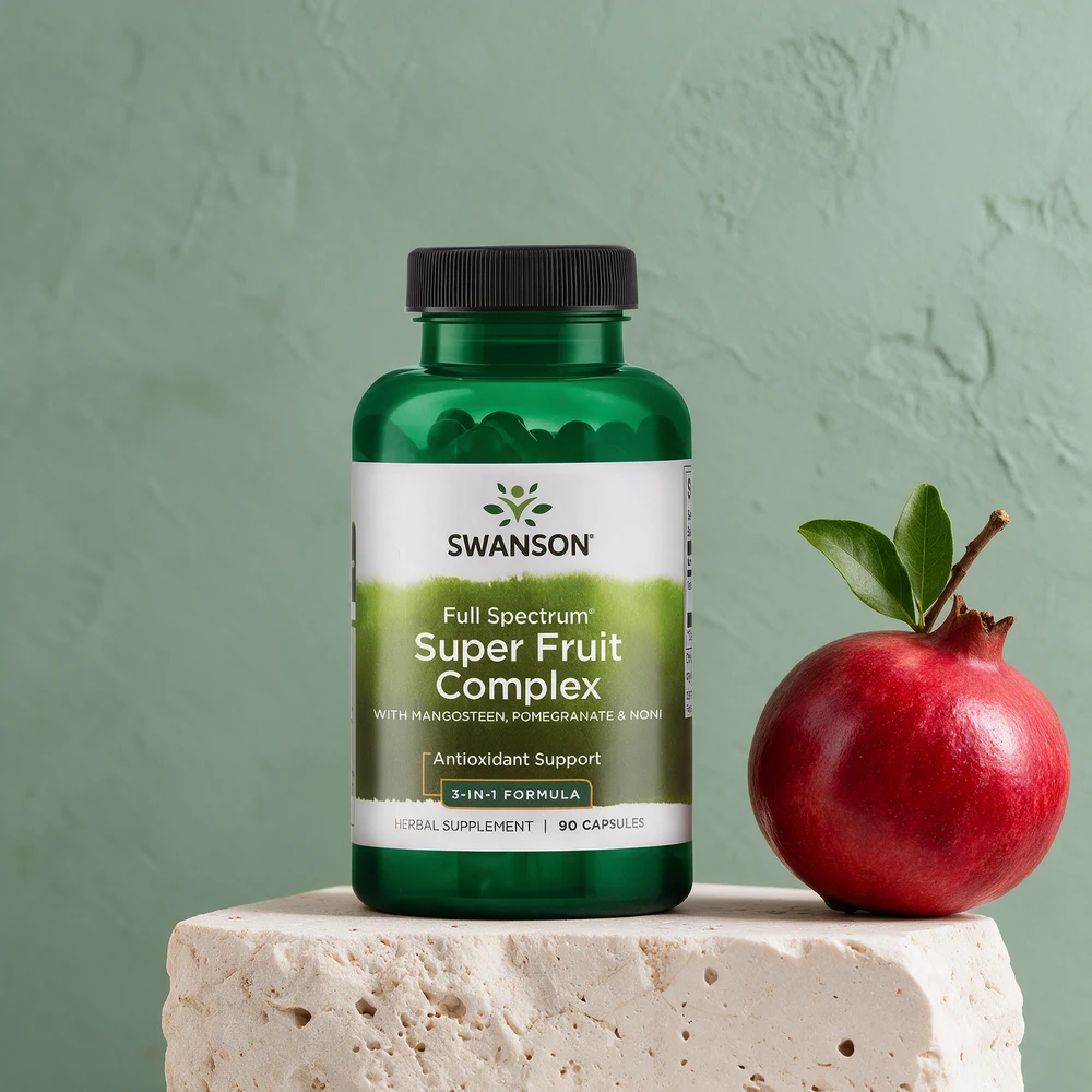 Swanson Super Fruit Complex, gjennomsiktig grønn flaske merket «Mangosteen, Pomegranate & Noni» og «90 Capsules»