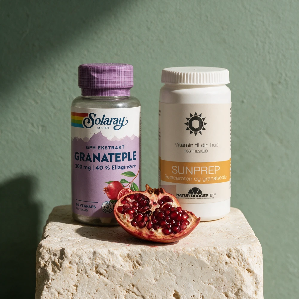Solaray GPH Granateple med «200 mg | 40 % Ellaginsyre» på etiketten, og Natur-Drogeriet SunPrep merket «Betacaroten og granatæble» uten oppgitt styrke