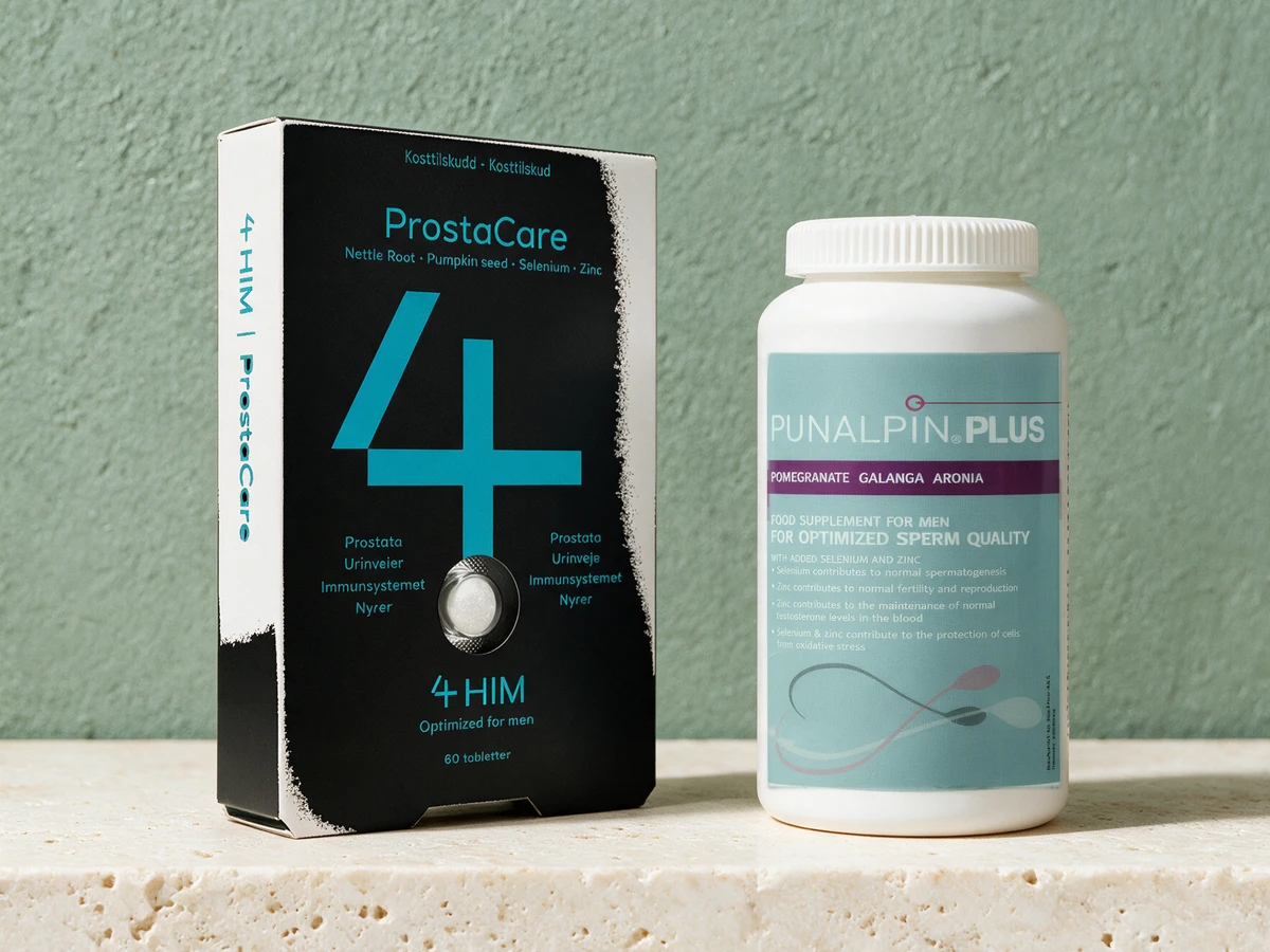4HIM ProstaCare-esken med en tablett i blister, og Punalpin Plus-flasken merket «Food supplement for men»