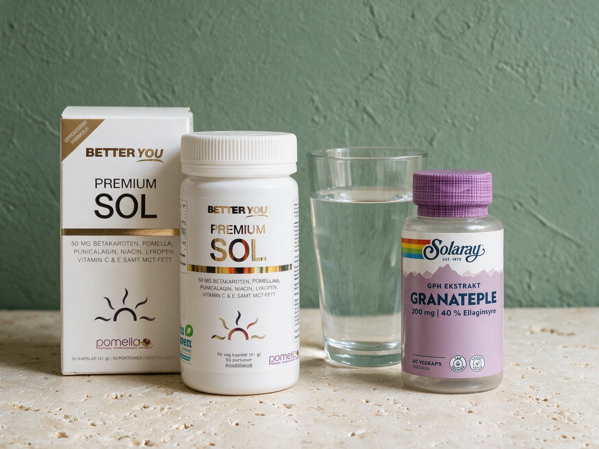Better You Premium Sol, eske og boks merket «50 veg kapslar (41 g)», og Solaray GPH Granateple merket «60 VEGKAPS»