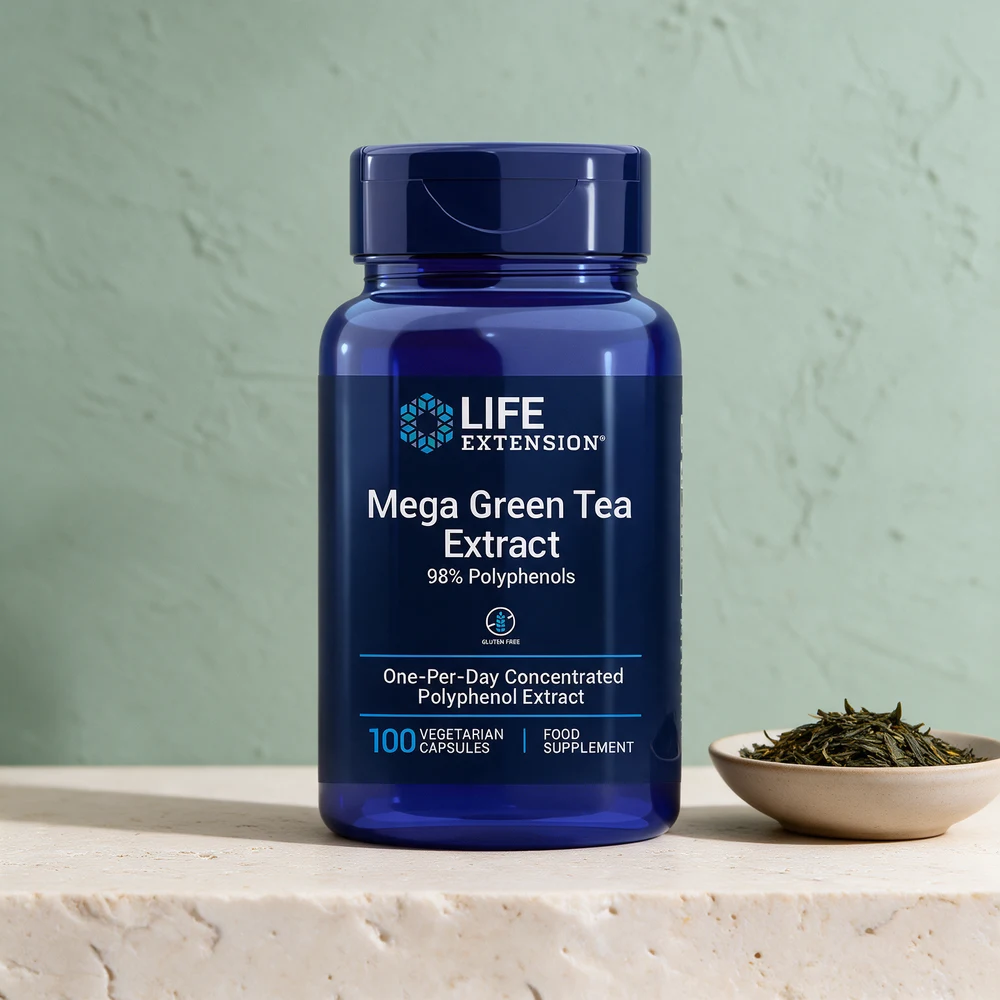 Life Extension Mega Green Tea Extract med «One-Per-Day» og «100 Vegetarian Capsules» på etiketten