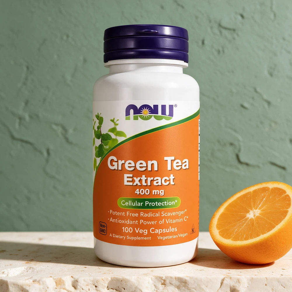 NOW Green Tea Extract 400 mg med «Antioxidant Power of Vitamin C» og «100 Veg Capsules» på etiketten