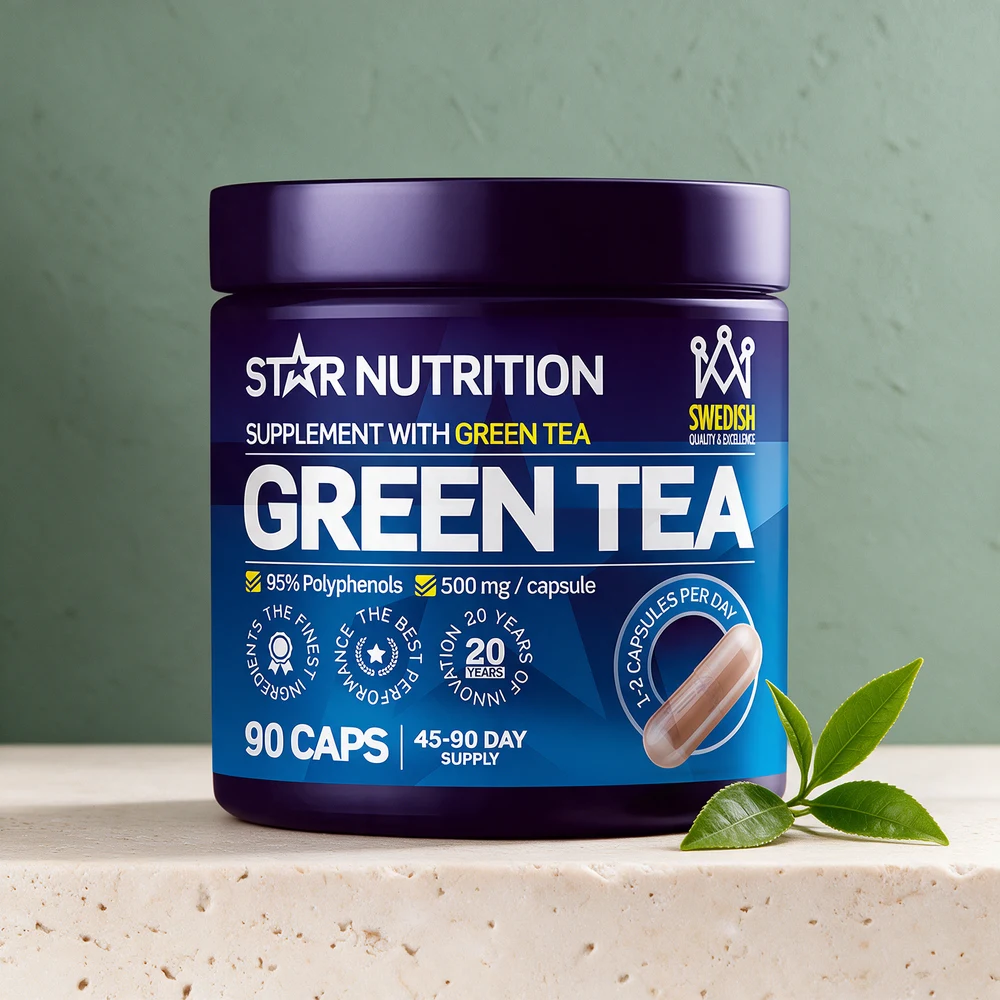 Star Nutrition Grønn Te med «1-2 capsules per day» og «45-90 day supply» på etiketten