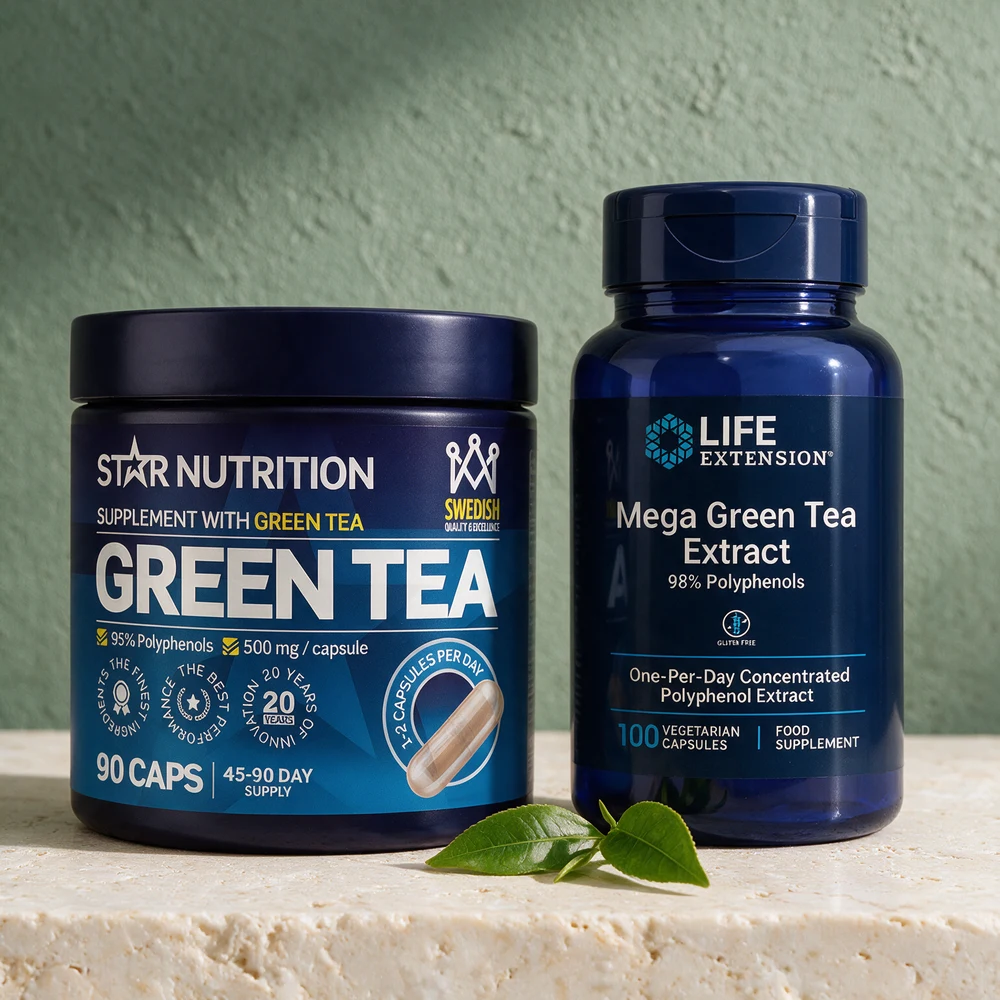 Star Nutrition Grønn Te, med «500 mg / capsule» på etiketten, og Life Extension Mega Green Tea Extract, med «98% Polyphenols»