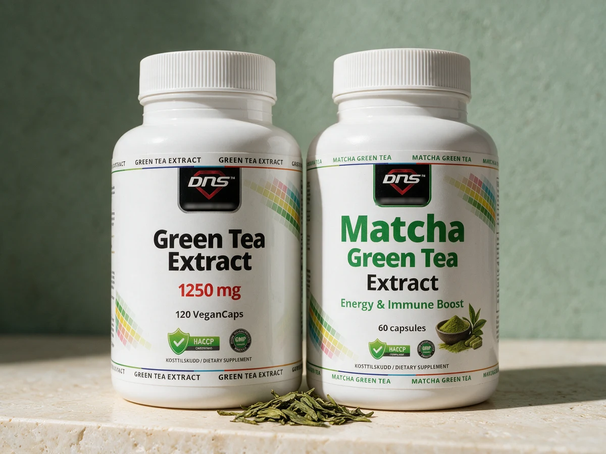 DNS Green Tea Extract, med «1250 mg» på etiketten, og DNS Matcha Green Tea Extract