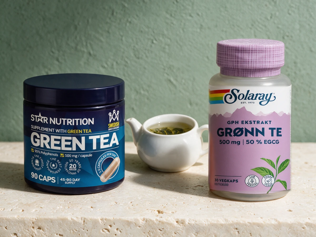 Star Nutrition Grønn Te og Solaray GPH Grønn Te, begge med 500 mg ekstrakt per kapsel på etiketten