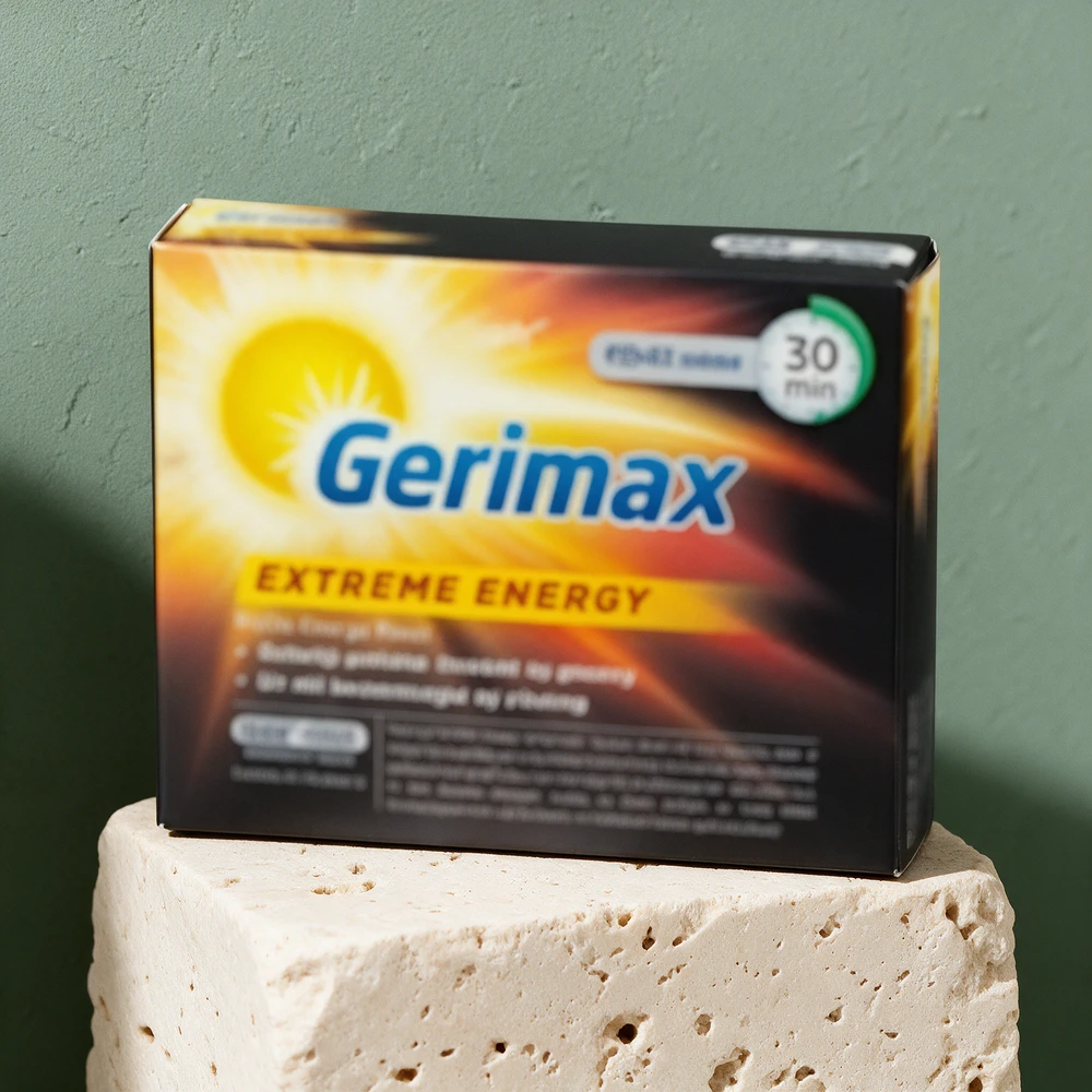 Gerimax-esken med 30 tabletter, merket «Extreme Energy» på forsiden