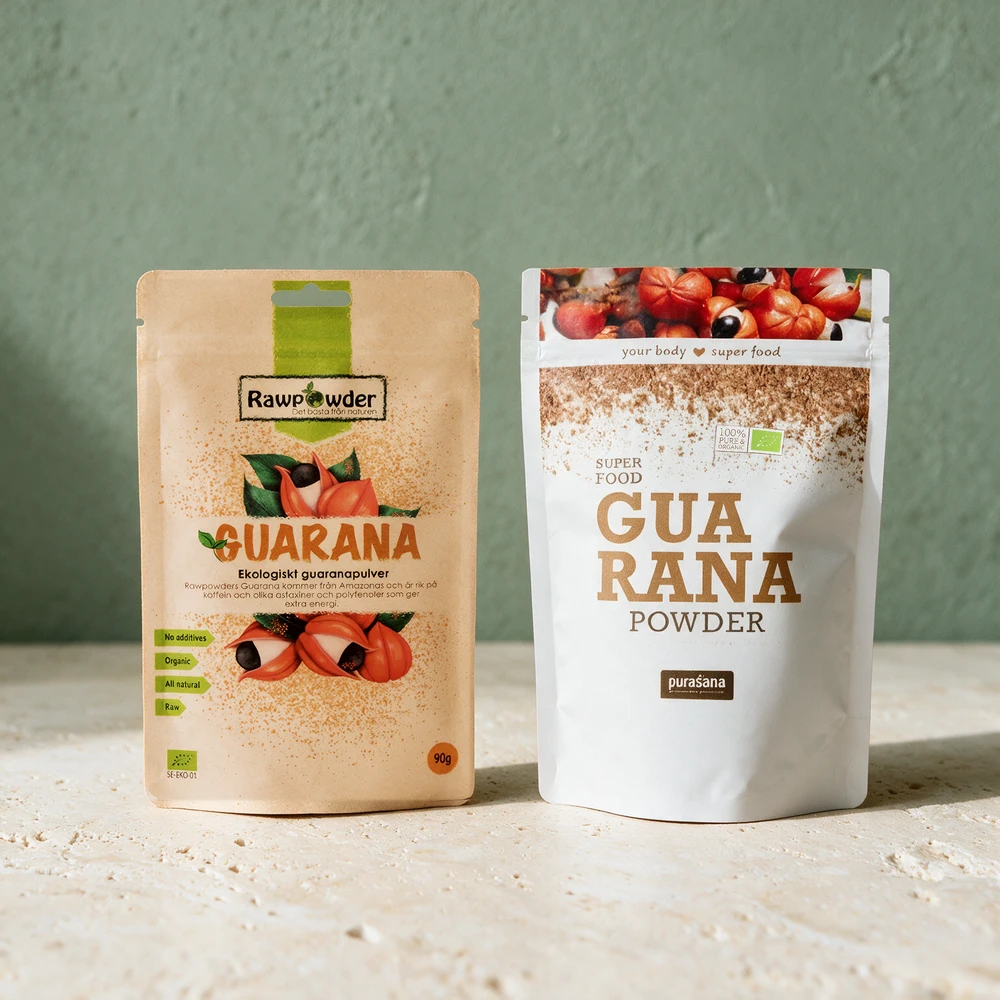 Rawpowder Økologisk Guaranapulver og Purasana Guarana Powder, de to posene med rent pulver
