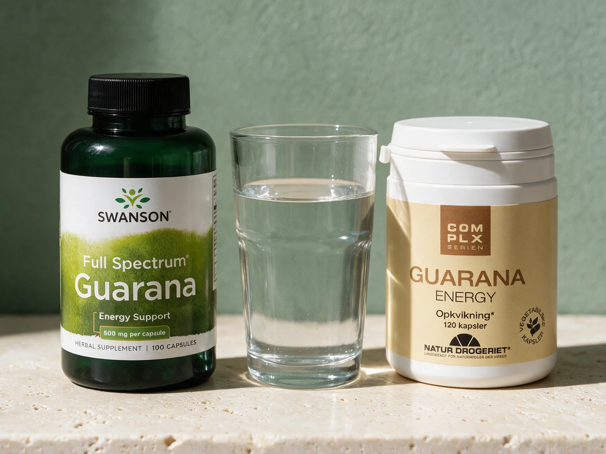 Swanson Full Spectrum Guarana og Natur-Drogeriet Guarana Energy, de to kapselboksene, med et glass vann mellom seg