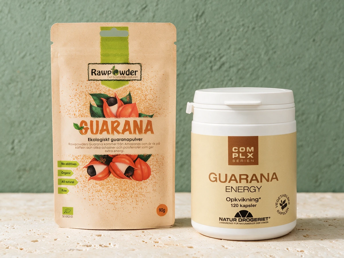 Rawpowder Økologisk Guaranapulver og Natur-Drogeriet Guarana Energy side om side