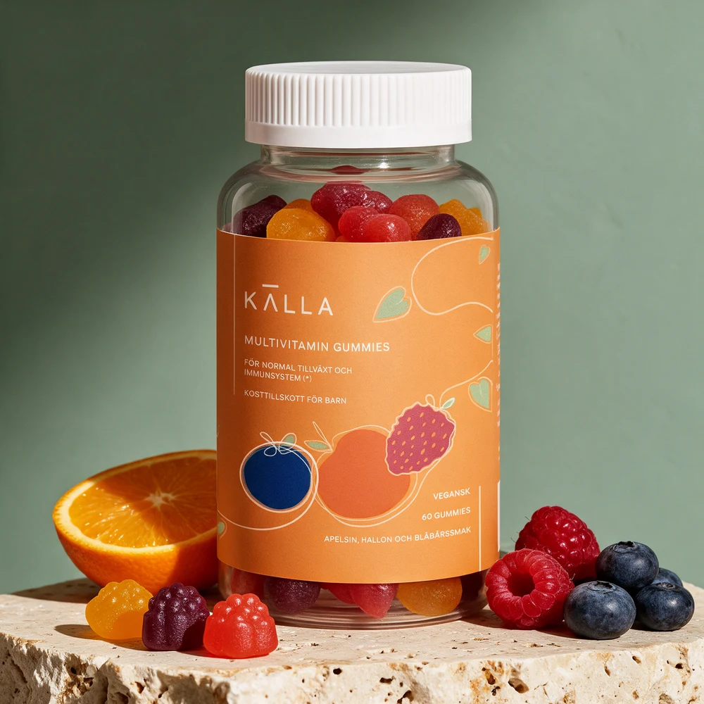 Källa Multivitamin Gummies, burk med bærformede gummier i oransje, rødt og lilla