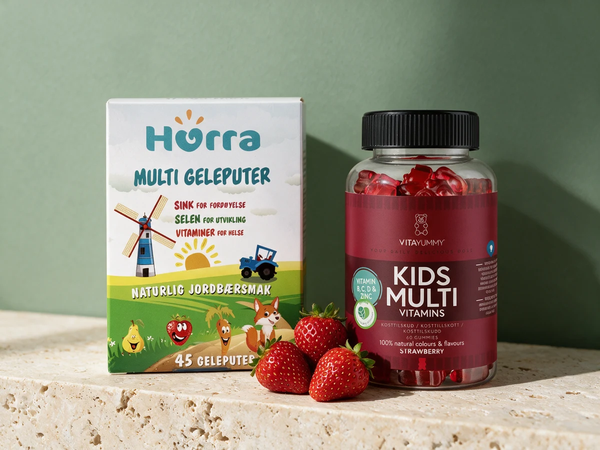 Hurra Multi Geleputer og VitaYummy Multivitamin Barn, de to med sink over barnegrensen