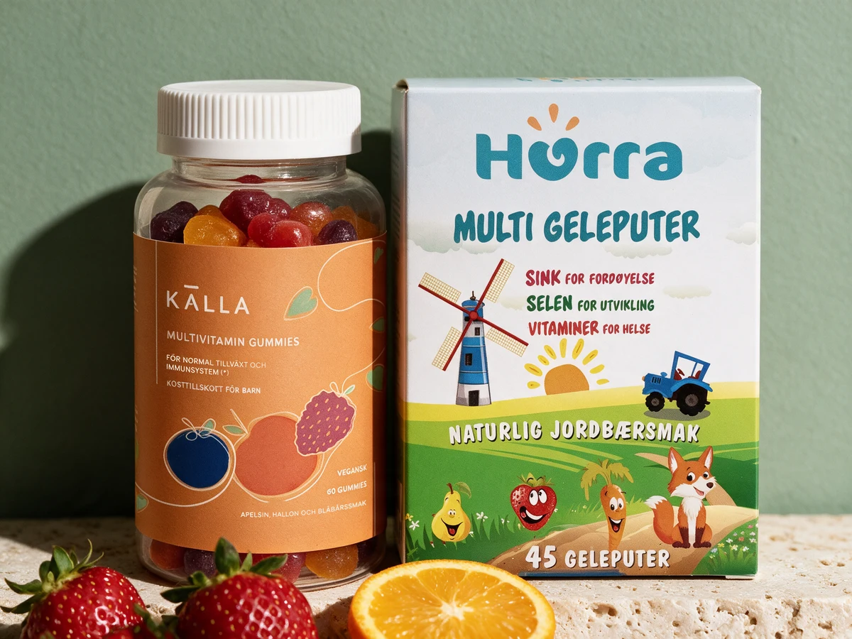 Källa Multivitamin Gummies og Hurra Multi Geleputer, begge søtet med sukkeralkohol
