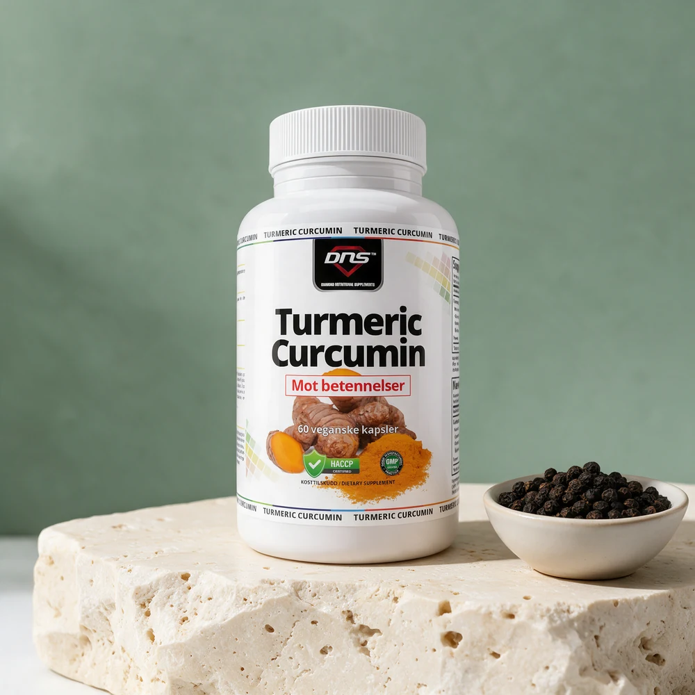 DNS Turmeric Curcumin-boks merket «60 veganske kapsler» ved sorte pepperkorn