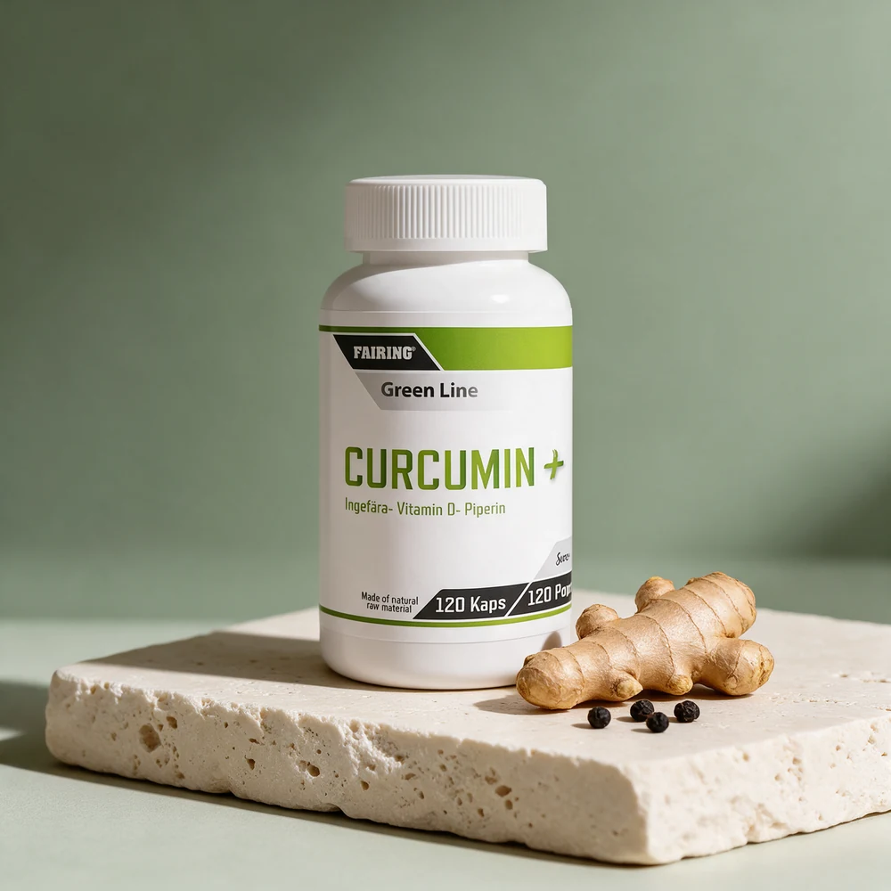 Fairing Curcumin+-boks merket «Ingefära- Vitamin D- Piperin» og «120 Kaps»