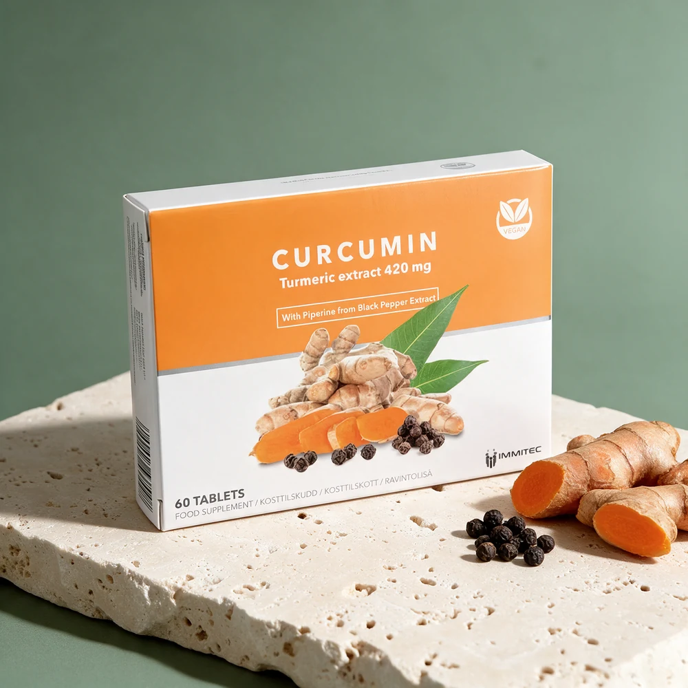 Immitec Curcumin-eske merket «Turmeric extract 420 mg» og «With Piperine from Black Pepper Extract»