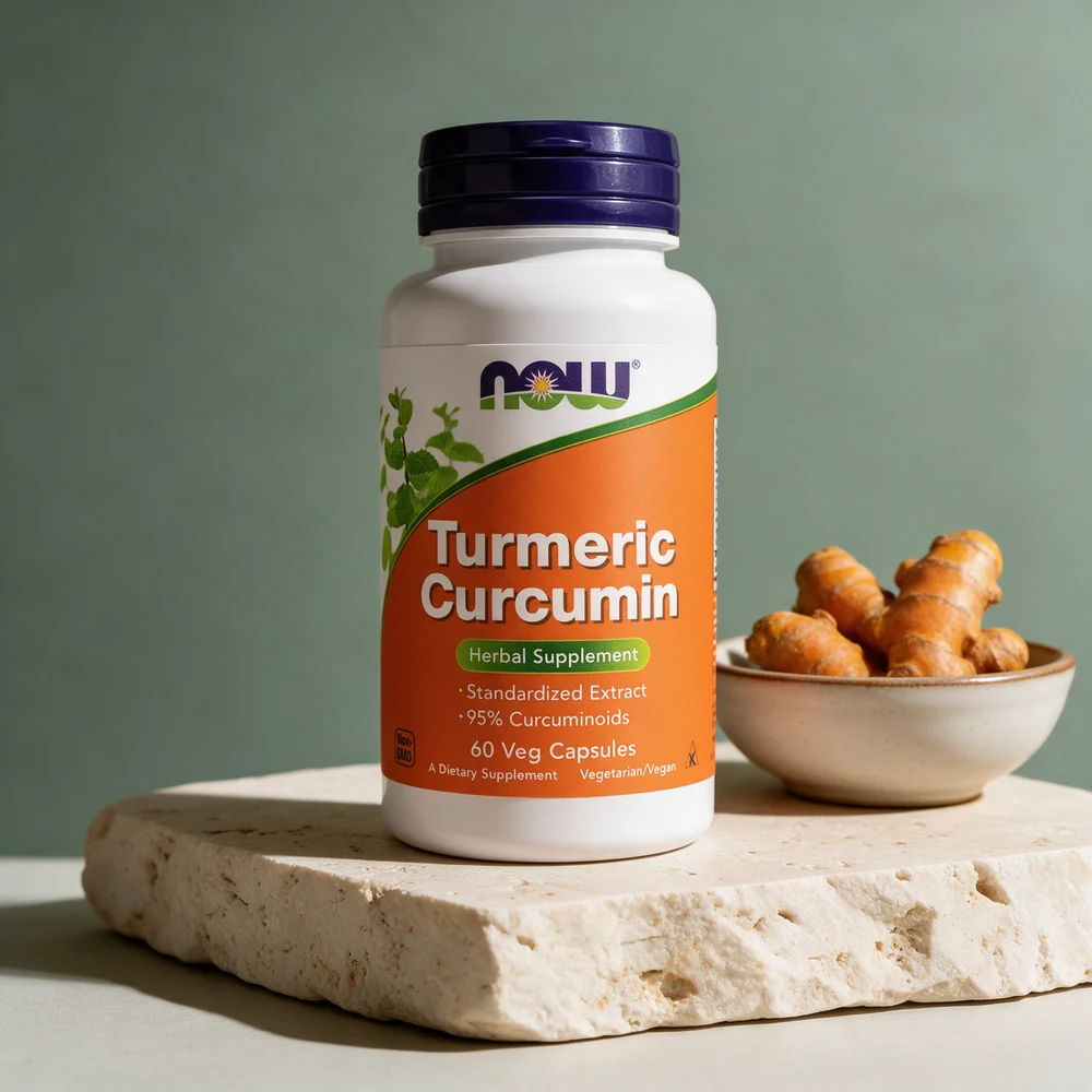 NOW Turmeric Curcumin-boks merket «95% Curcuminoids» og «60 Veg Capsules»