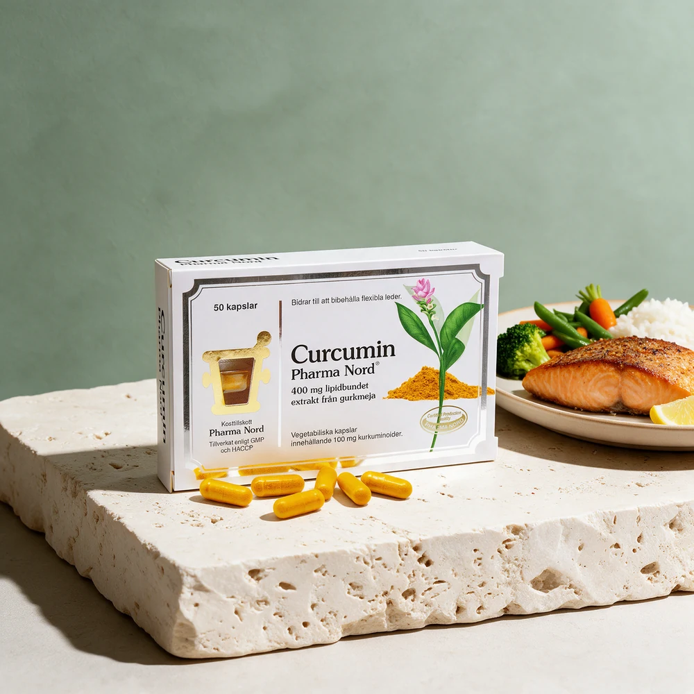 Pharma Nord Curcumin-eske merket «400 mg lipidbundet extrakt» med gul-oransje kapsler foran