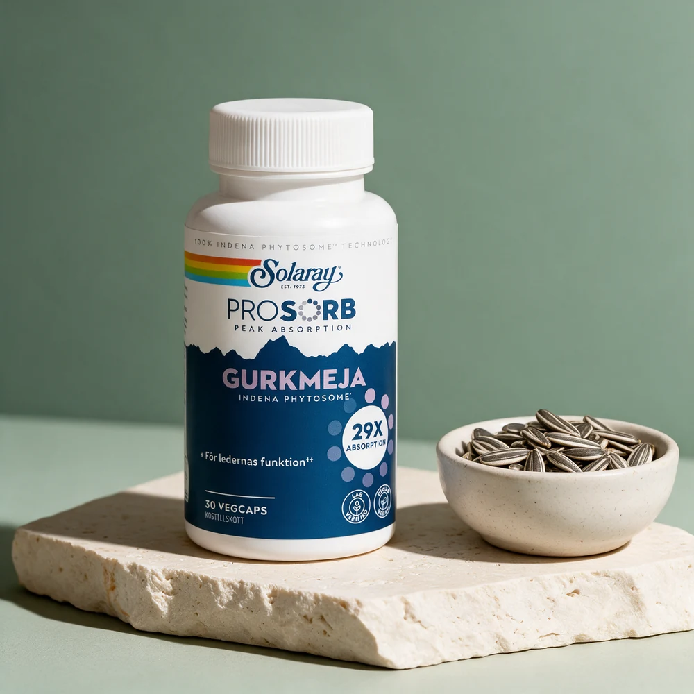 Solaray Prosorb Gurkmeja-boks merket «Indena Phytosome» og «30 Vegcaps» ved solsikkefrø