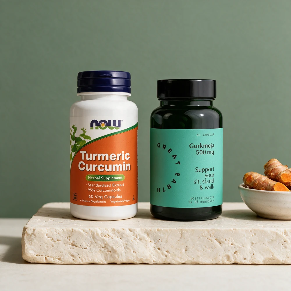 NOW Turmeric Curcumin-boksen merket «95% Curcuminoids» og Great Earth-krukka merket «Gurkmeja 500 mg»