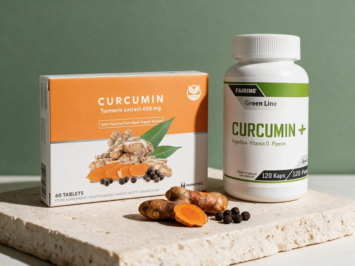 Immitec Curcumin-esken merket «60 tablets» og Fairing Curcumin+-boksen merket «120 Kaps»