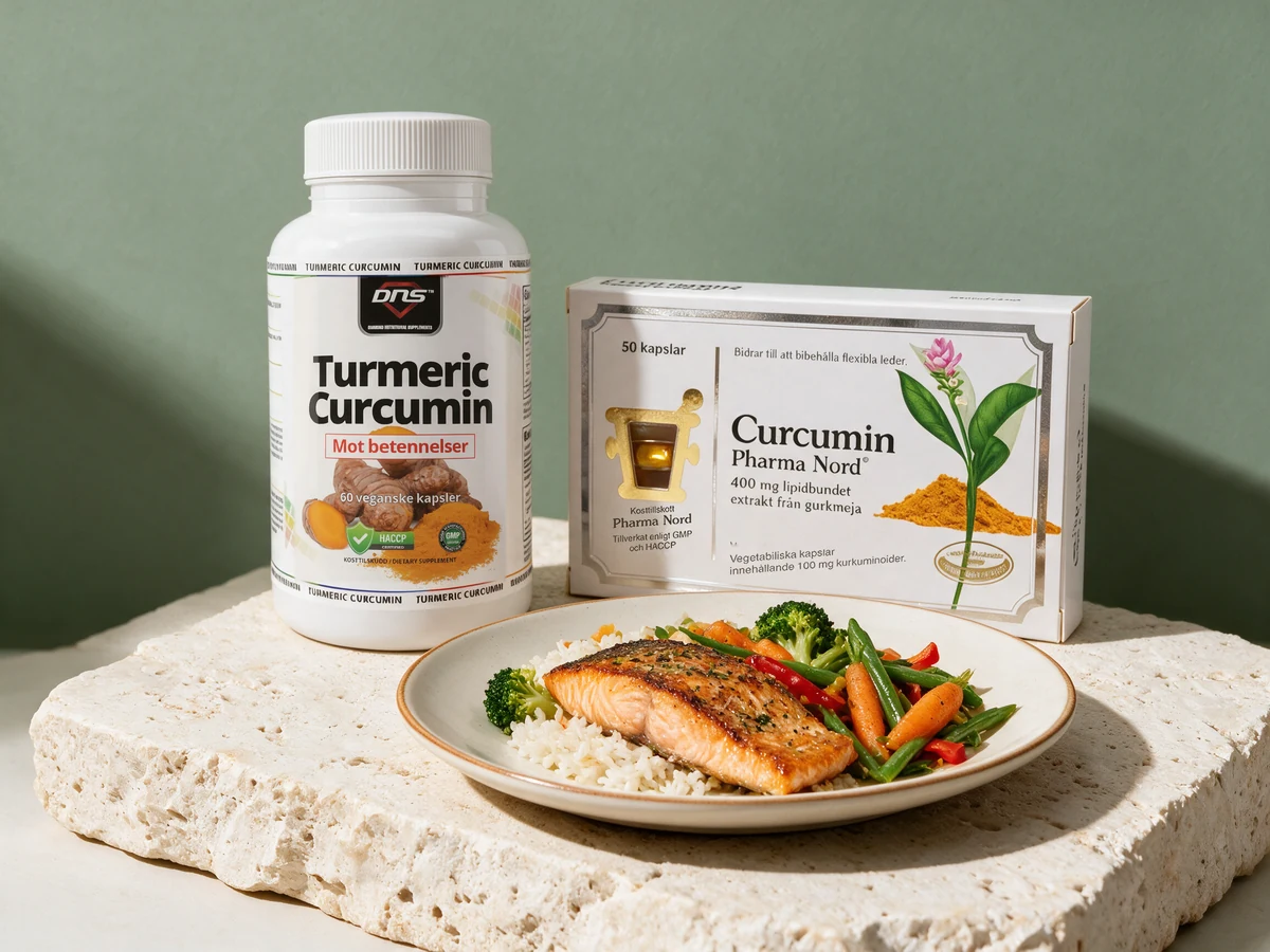 DNS Turmeric Curcumin og Pharma Nord Curcumin bak en tallerken middagsmat
