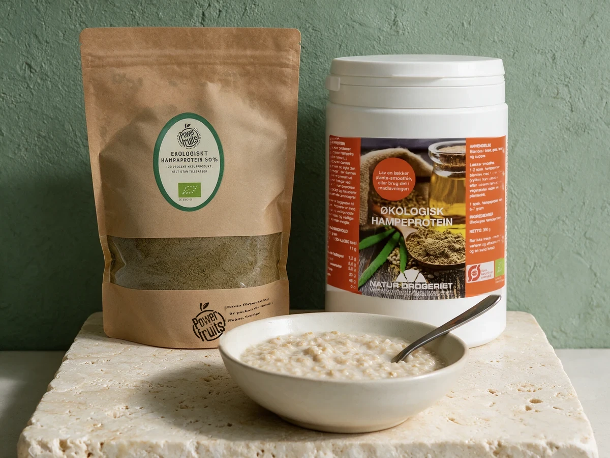 Powerfruits Hampprotein 50 % i brun papirpose, Natur Drogeriet Økologisk Hampeprotein i hvit plastboks og en skål havregrøt