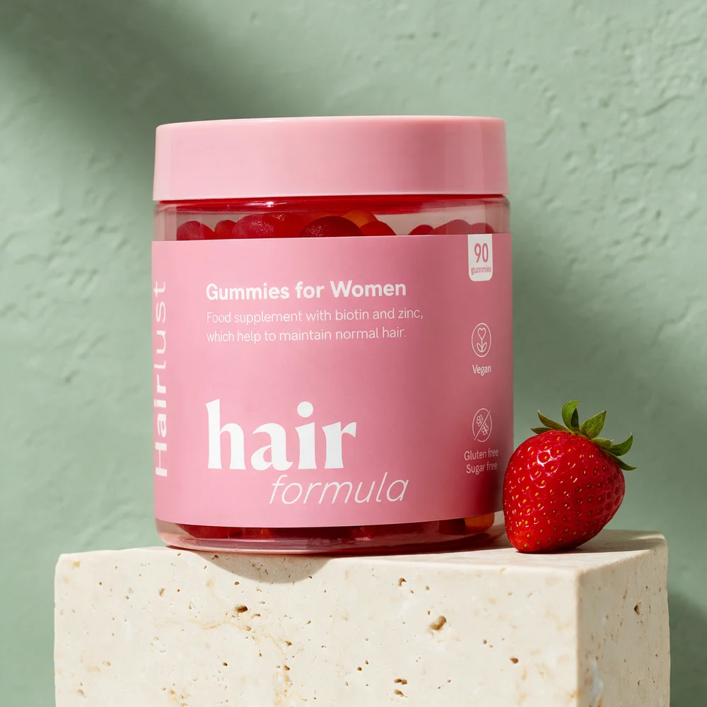 Hairlust Hair Formula Gummies for Women, boks med 90 sukkerfrie jordbærgummies