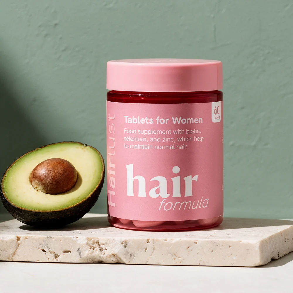 Hairlust Hair Formula Tablets for Women, boks med 60 lyserosa tabletter