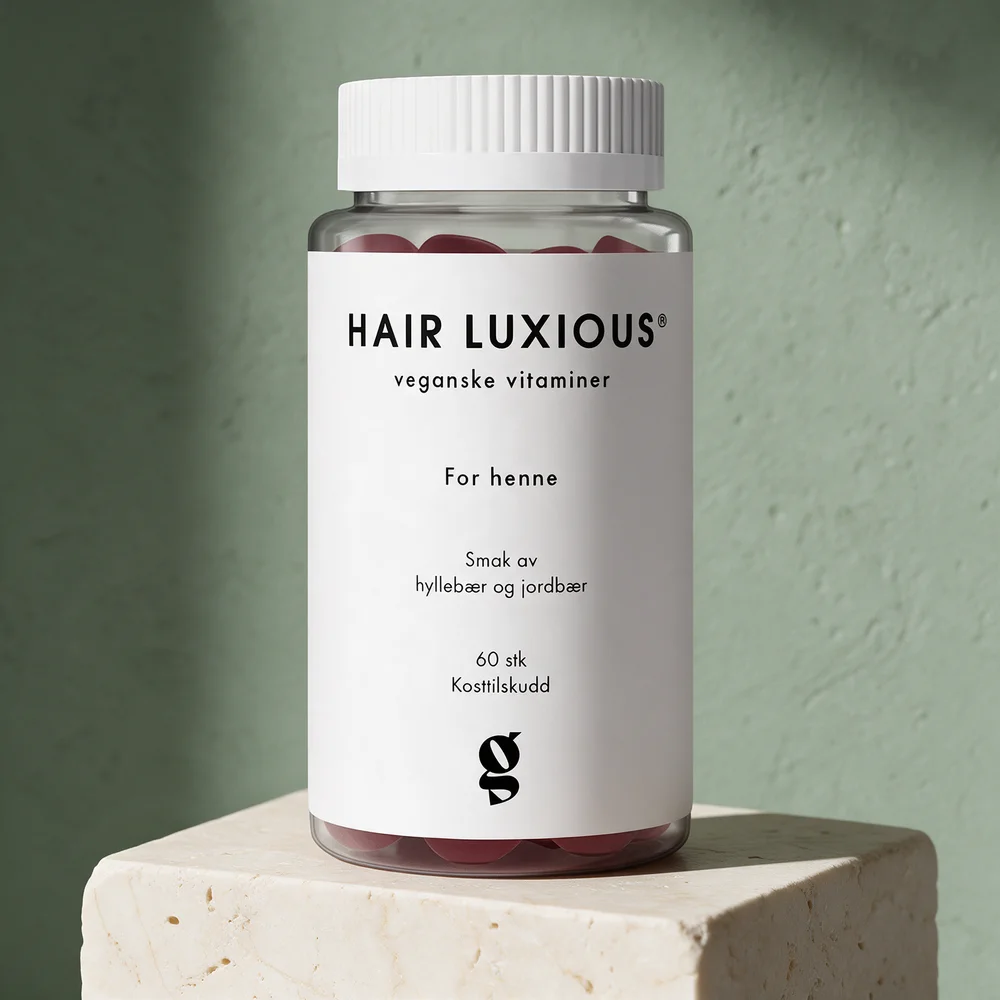 Hair Luxious For Henne Gummies, krukke med 60 lilla gummies med smak av hyllebær og jordbær