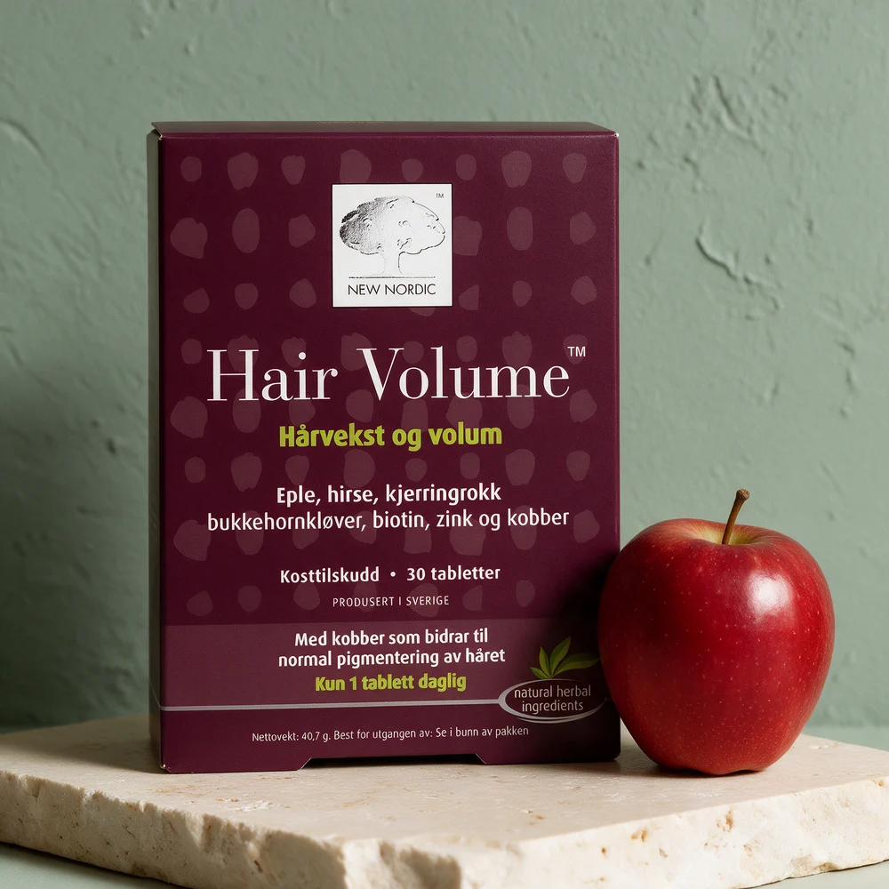 New Nordic Hair Volume, eske med 30 tabletter merket «Kun 1 tablett daglig»
