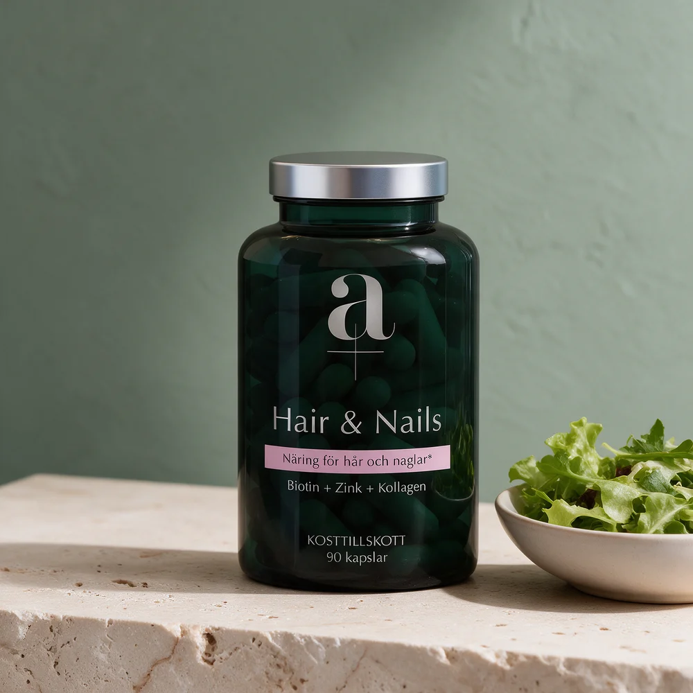 A+ Hår & Negler, boks med 90 kapsler merket «Biotin + Zink + Kollagen»
