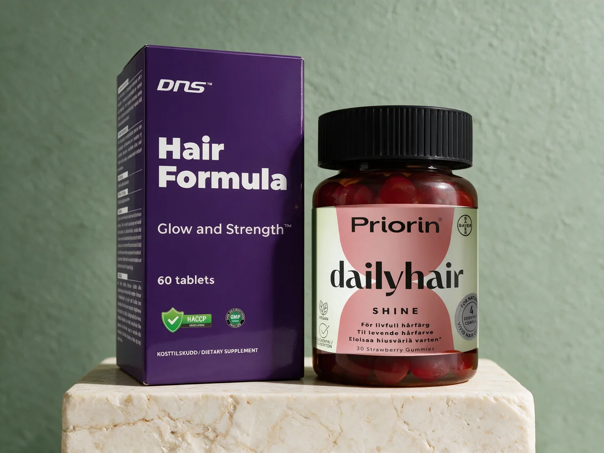 DNS Hair Formula, én tablett om dagen, og Priorin Daily Hair Shine, én gummy om dagen