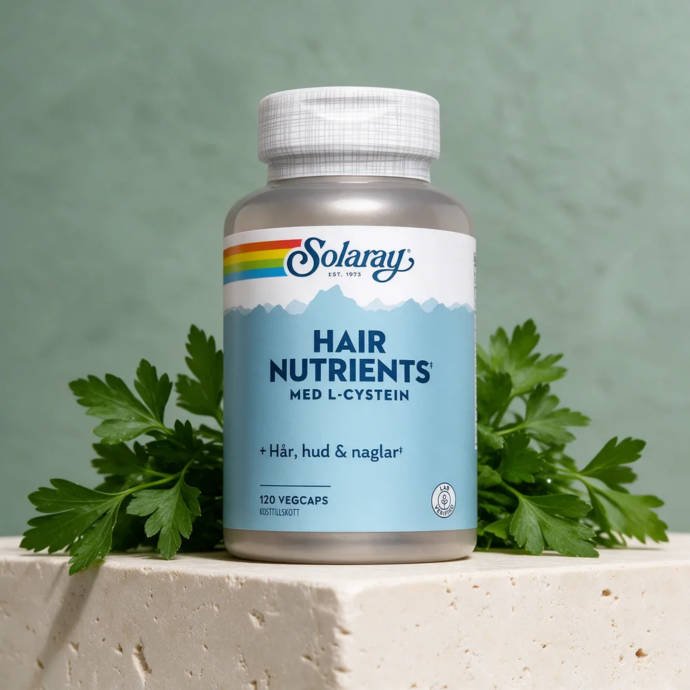 Solaray Hair Nutrients, boks med 120 kapsler merket «Med L-cystein»