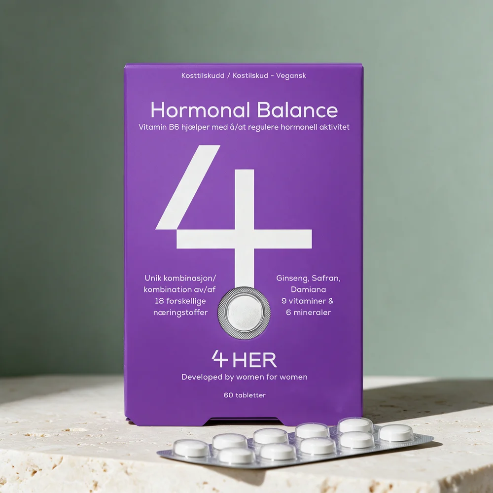 4HER Hormonal Balance, eske med 60 tabletter og et blisterbrett