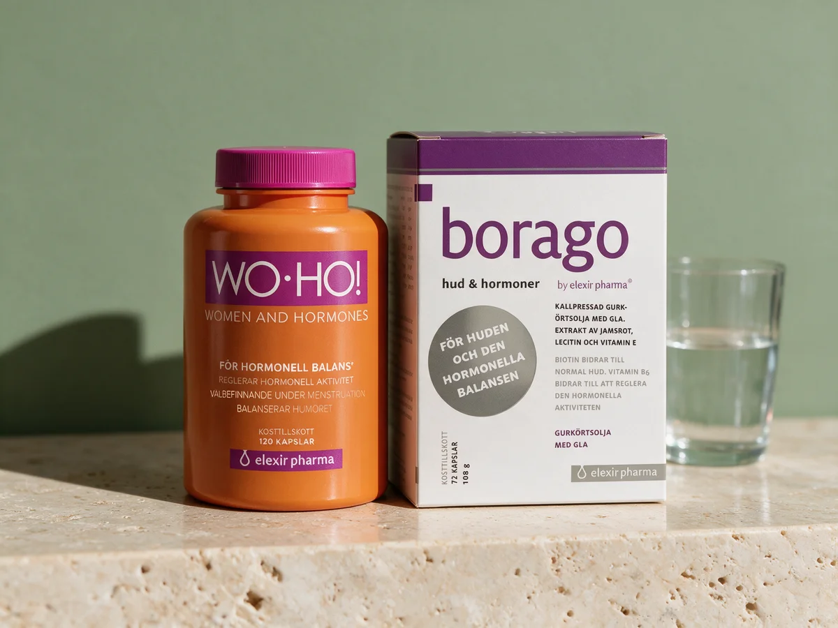 Elexir Pharma Wo-Ho! og Borago Hud & Hormoner, begge med myke oljekapsler