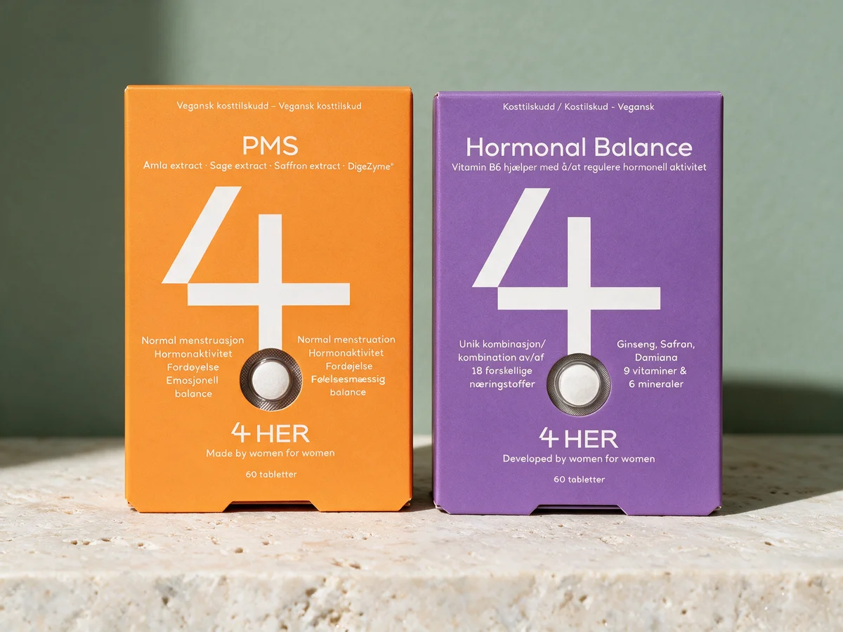 4HER PMS og 4HER Hormonal Balance, to tablettesker fra samme merke