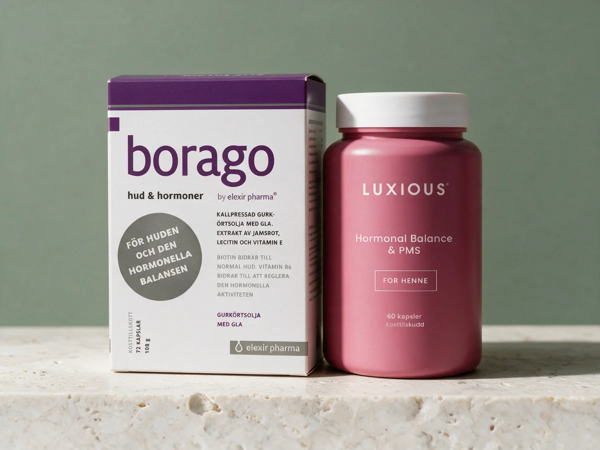 Elexir Pharma Borago Hud & Hormoner og Luxious Hormonal Balance & PMS, én kapsel mot to om dagen