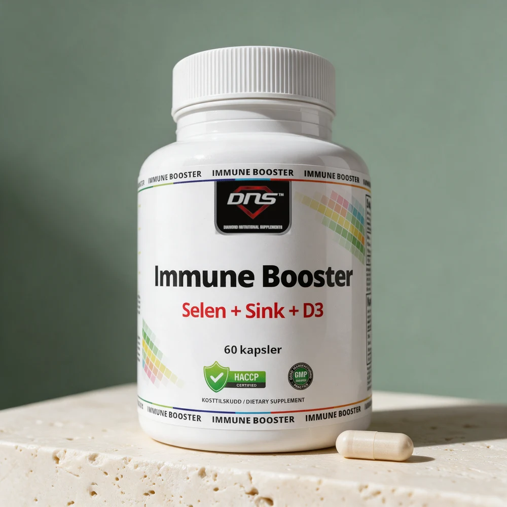 DNS Immune Booster Selen + Sink + D3 med én gelatinkapsel ved siden av boksen