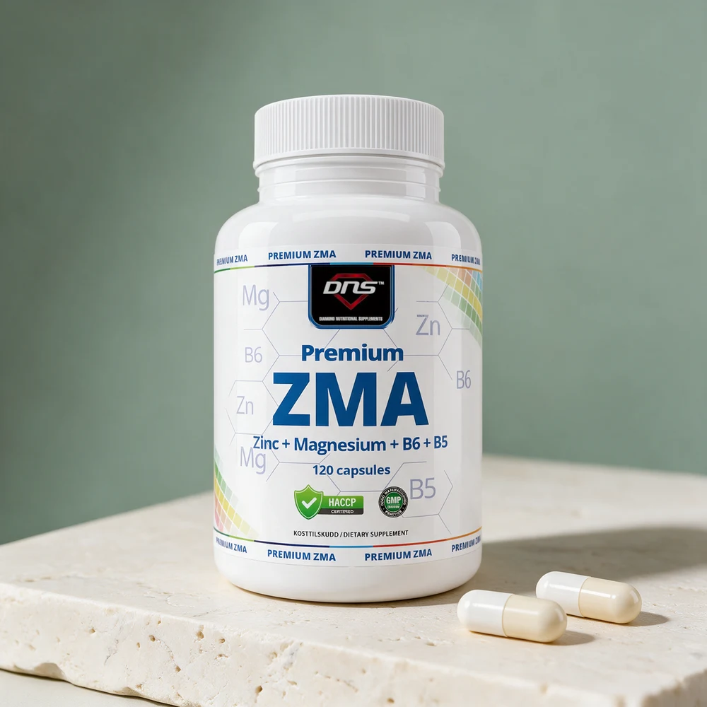 DNS Premium ZMA med to store kapsler ved siden av boksen