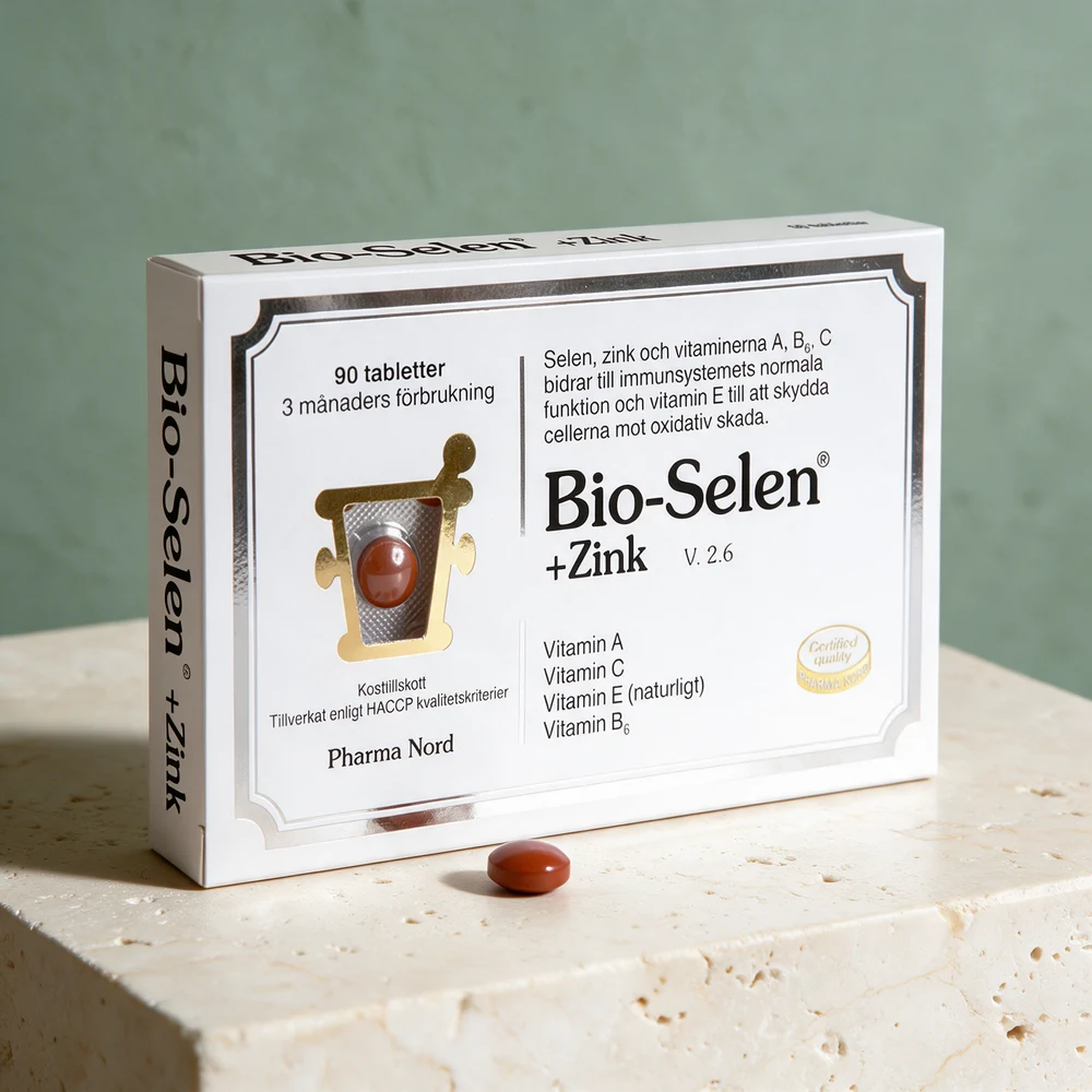 Pharma Nord Bio-Selen+Sink-esken med én liten, belagt tablett ved siden av
