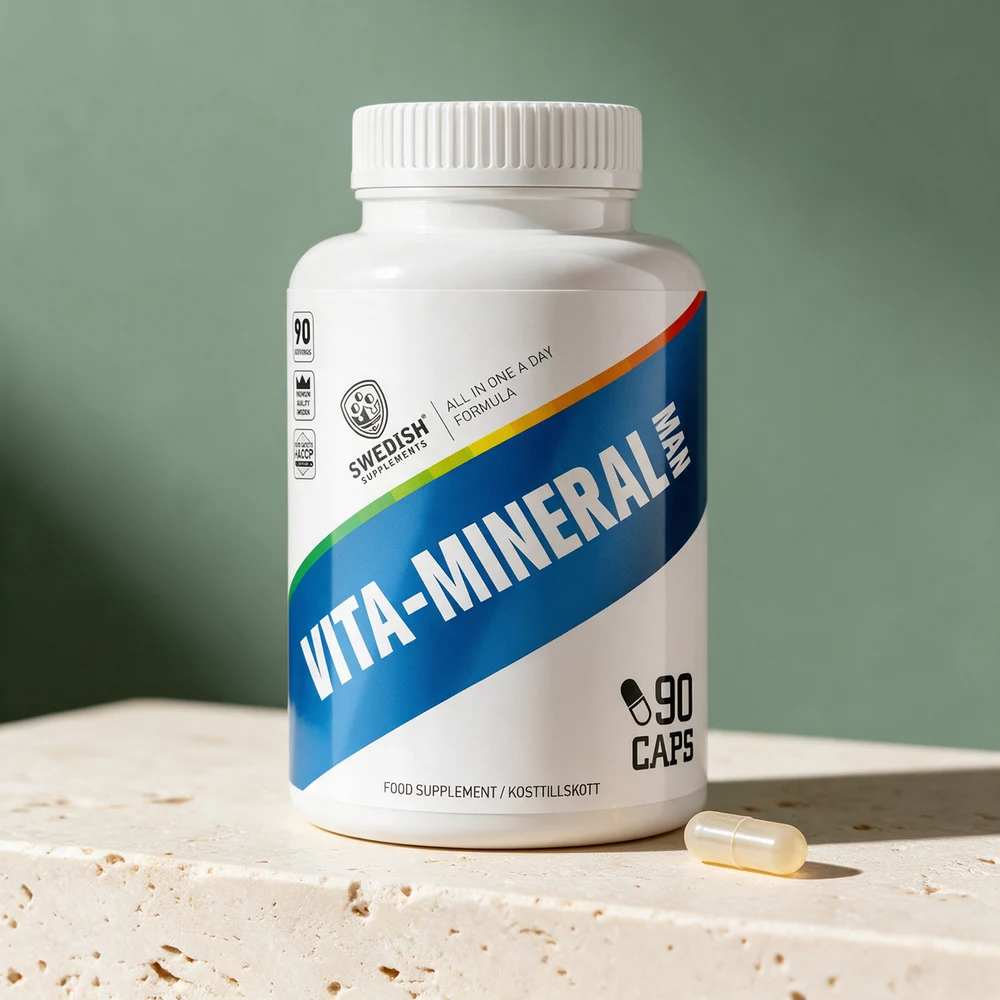 Swedish Supplements Vita-Mineral Man med én av gelatinkapslene ved siden av boksen