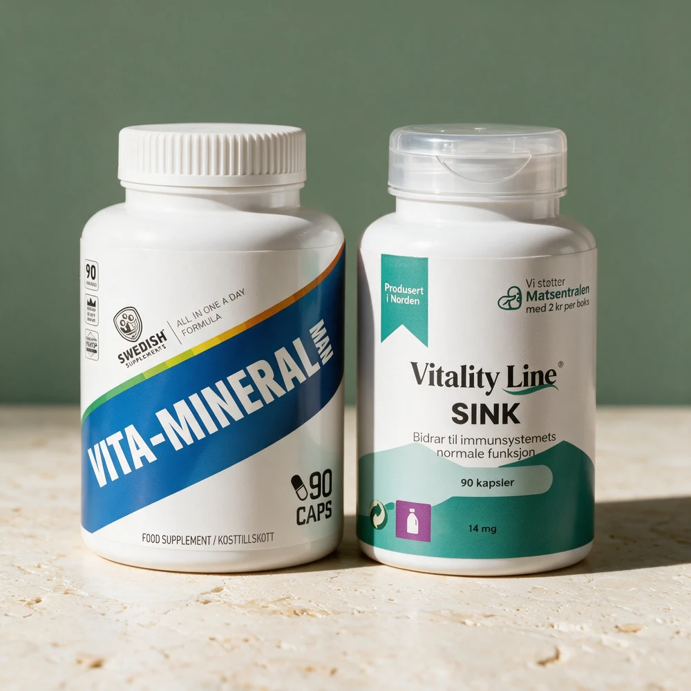 Swedish Supplements Vita-Mineral Man og Vitality Line Sink + B6, to bokser der dagsdosen er én kapsel