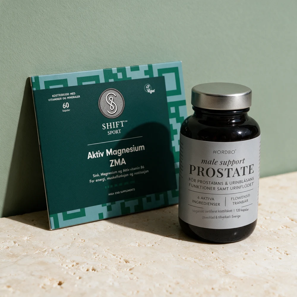 SHIFT SPORT ZMA og Nordbo Male Support Prostate, to bokser med plantekapsler