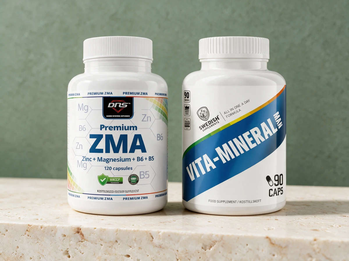 DNS Premium ZMA og Swedish Supplements Vita-Mineral Man, den ene tatt om kvelden og den andre om morgenen
