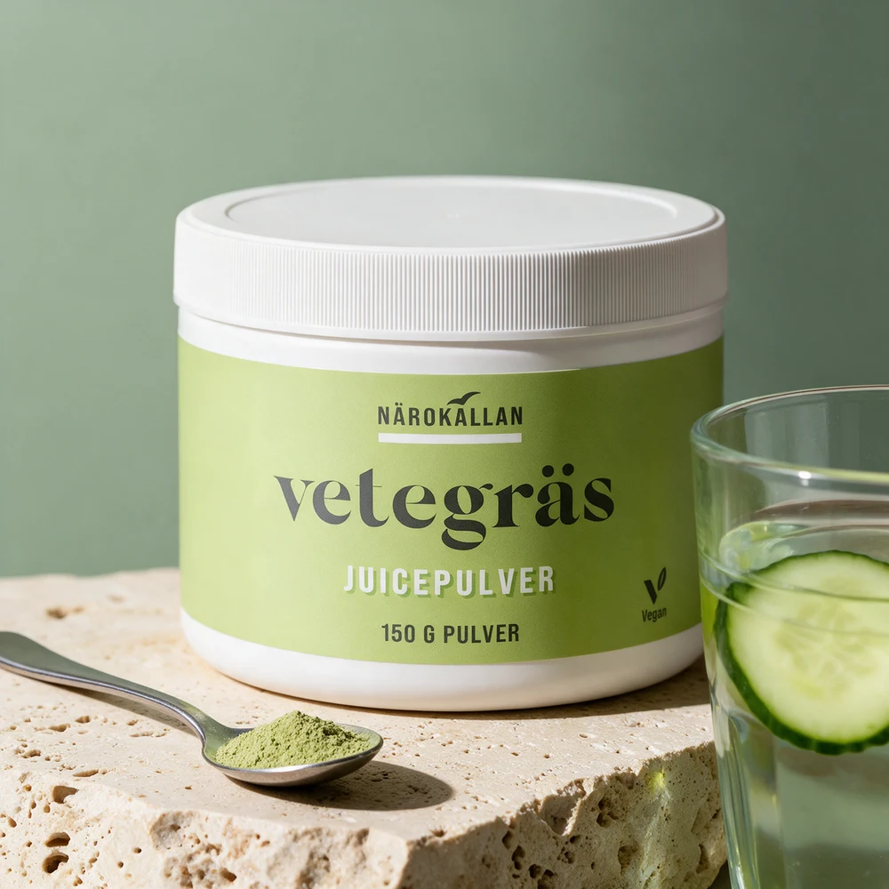 Närokällan Hvetegressjuice i boks med etiketten «vetegräs JUICEPULVER 150 G»