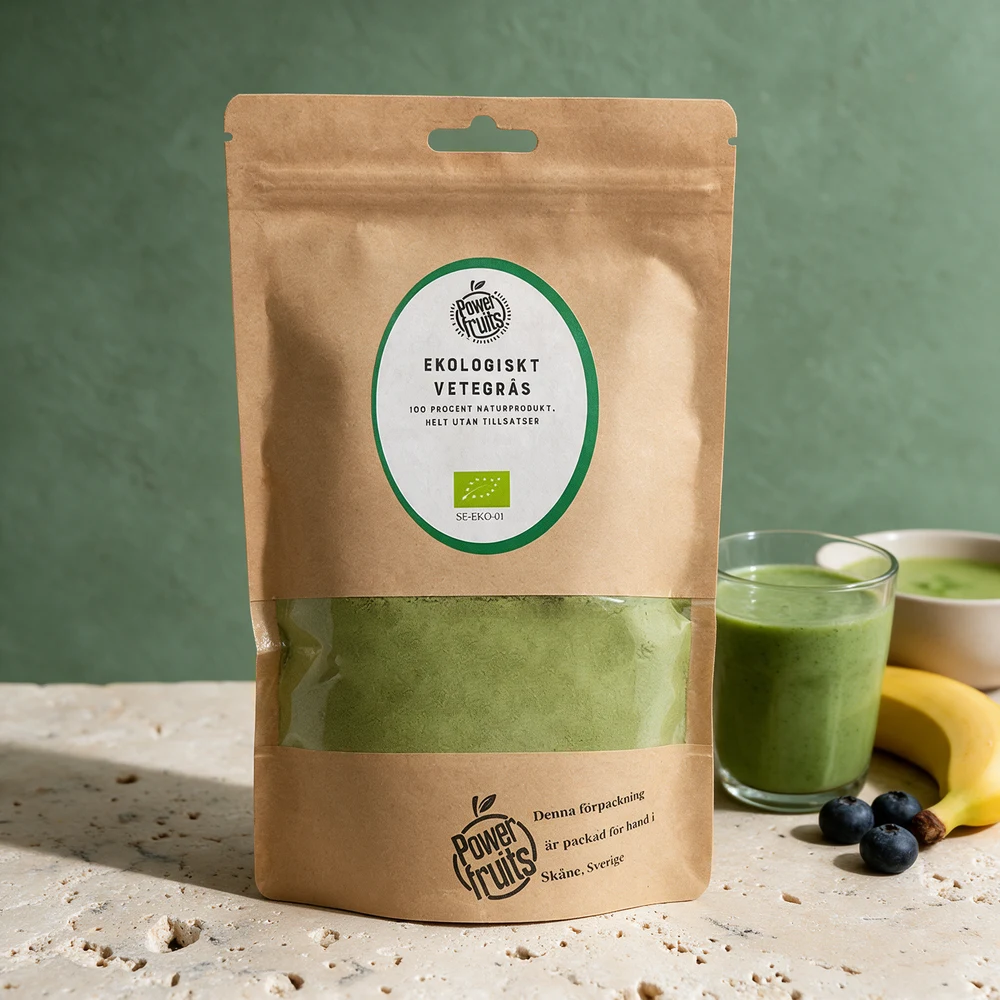 Powerfruits Hvetegress, malt bladpulver i papirpose med vindu
