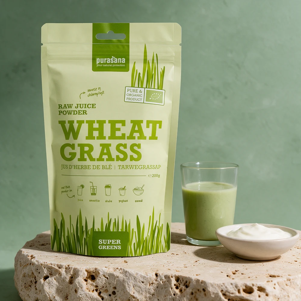Purasana Wheat Grass Juice, juicepulver i stående pose merket «Raw Juice Powder»